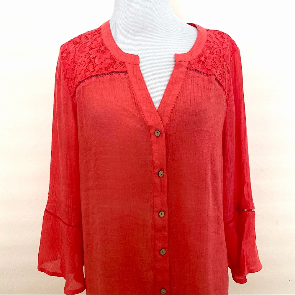 COUNTERPARTS BLOUSE BOHO RUFFLE LACE CORAL ORANGE TOP XL LIGHTWEIGHT Autumn